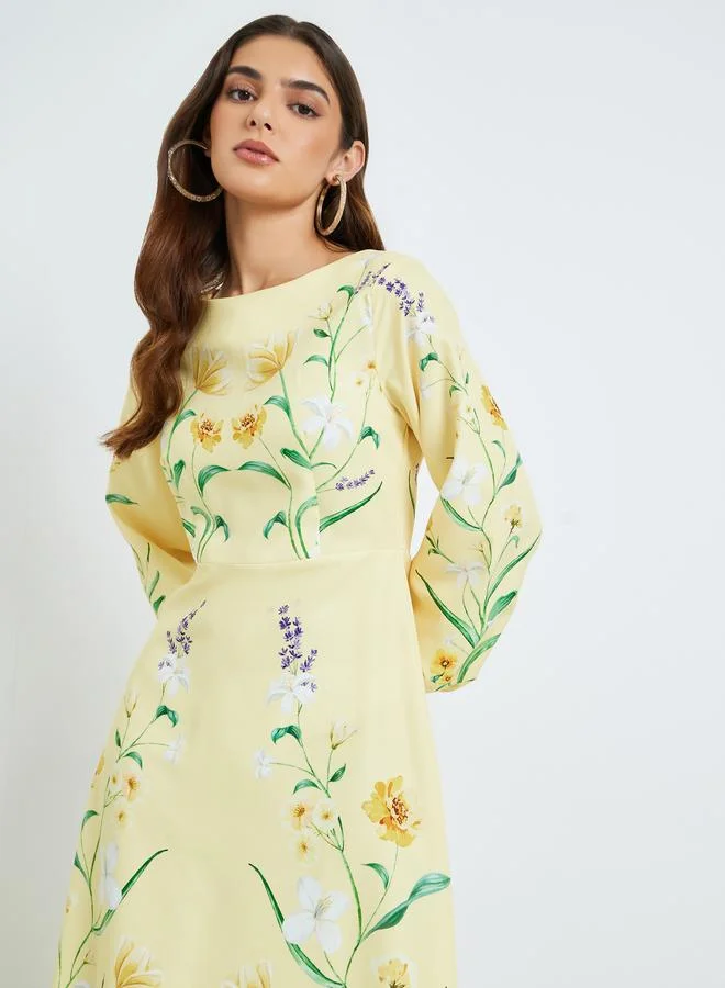 ستايلي فستان طويل نسائي بنقشة زهور وأكمام منفوخة